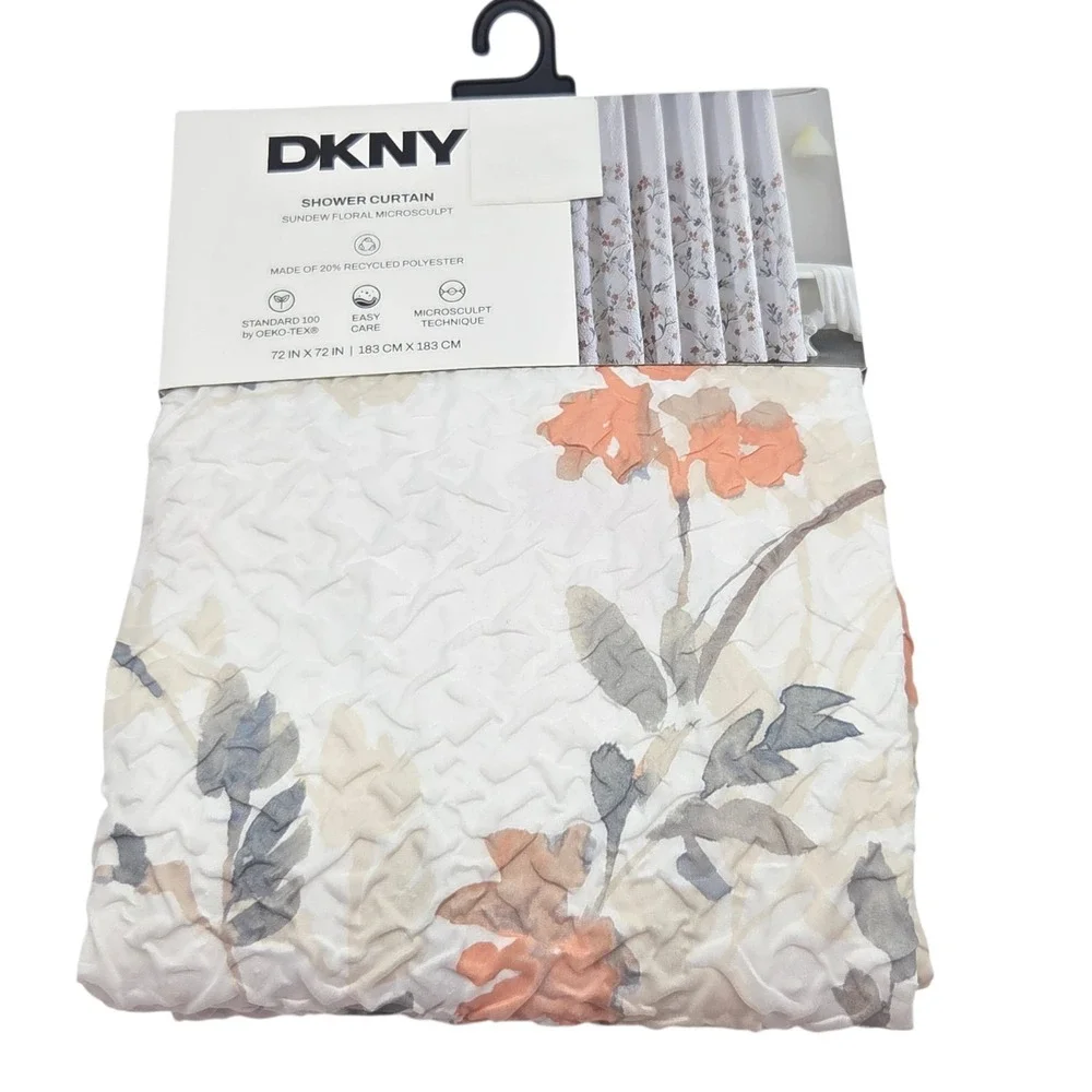 DKNY Sundew Floral Microsculpt Fabric Shower Curtain White‎ Peach 72x72inch